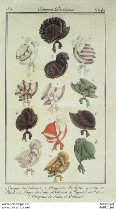 Costume Parisien 1811 # 1114 Casques de velours chapeaux