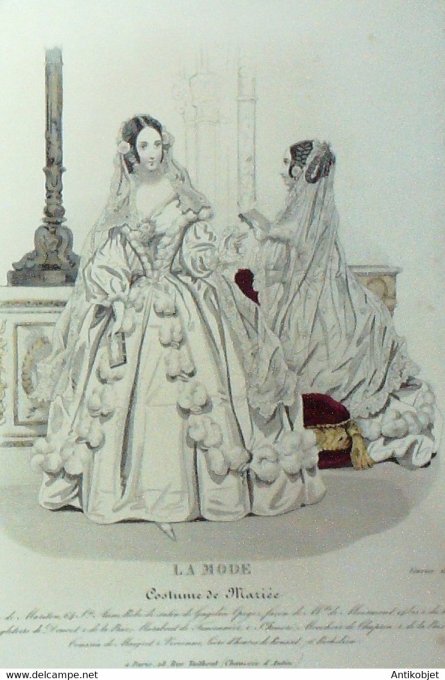 Gravure La mode 1840 n°6 Costumes de mariée tulle dentelles