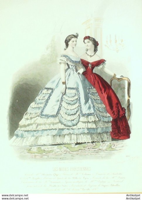 Gravure Les Modes Parisiennes 1862 #1035 Robes de bal Maison Ghys