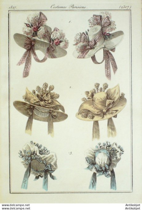 Costume Parisien 1827 # 2507 Toques bonnets chapeaux de paille de riz