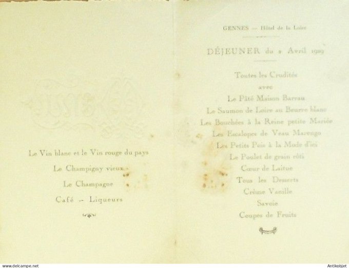 Menu Hôtel de Loire Gennes (49) 1929