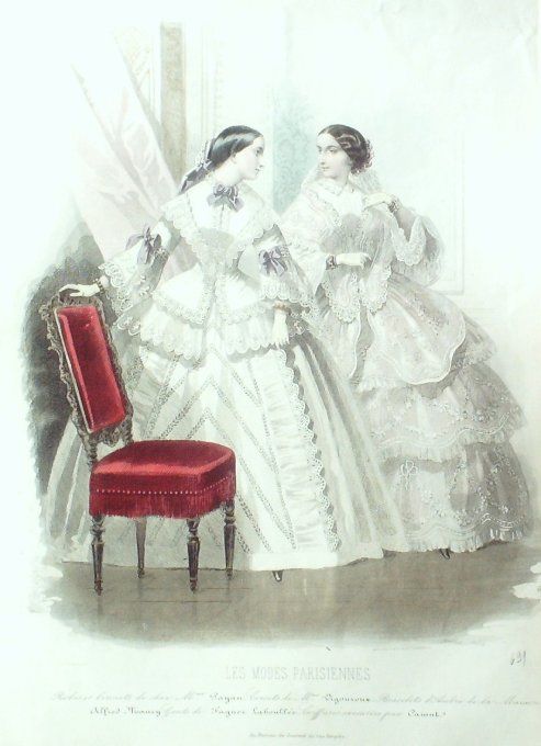 Gravure Les Modes Parisiennes 1851 # 691 Robes de soirée Maison Payan