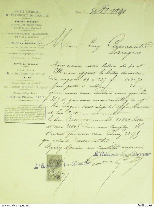 Facture Sté Gale Transports liquides 1890 Paris 9