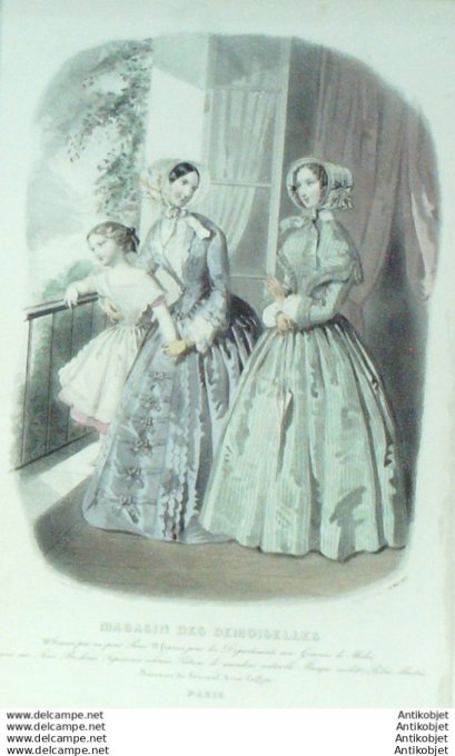 Gravure Mode Magasin Demoiselles 1850 #  5 (aquarellee Old Fashion plate)
