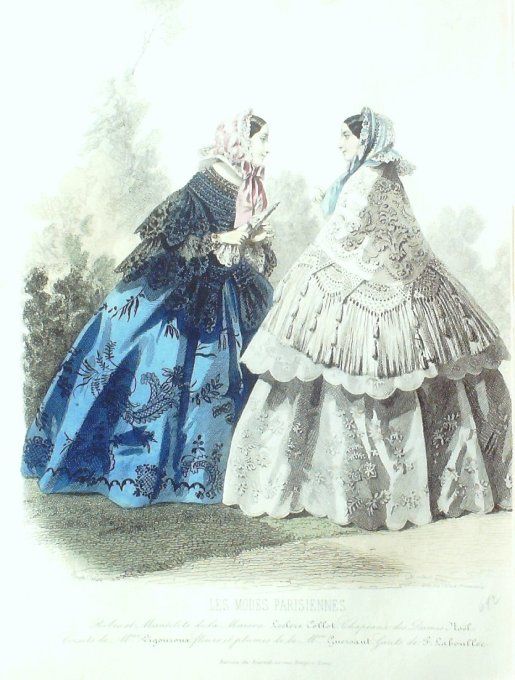 Gravure Les Modes Parisiennes 1852 # 692 Robes et mantelets Maison Collot