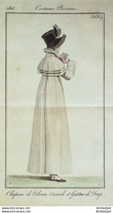 Gravure de mode Costume Parisien 1816 n°1533 Carrick et guêtres de drap