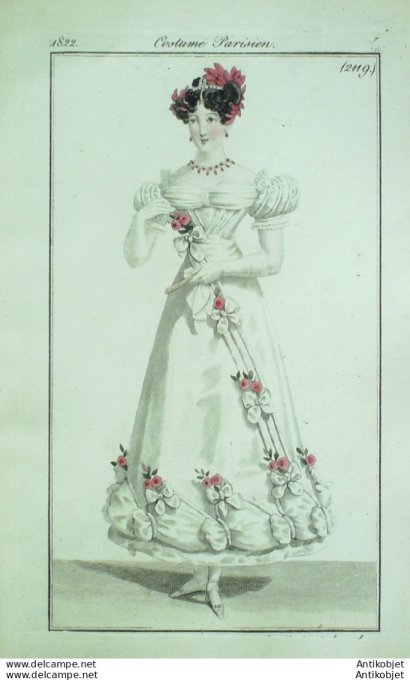 Gravure de mode Costume Parisien 1822 n°2119 Robe tulle rouleaux de satin