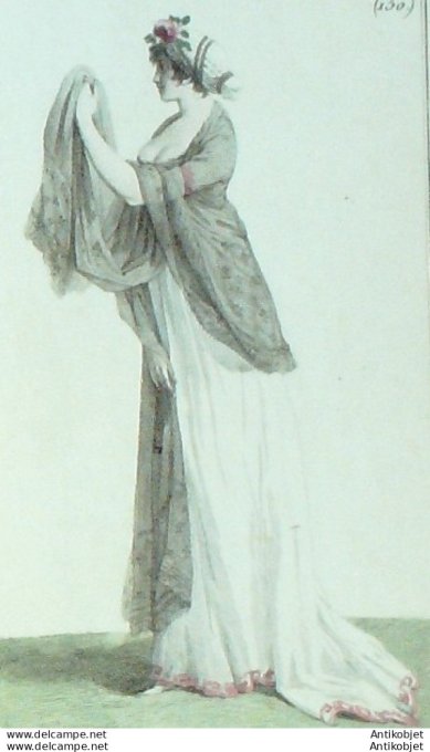 Gravure de mode Costume Parisien 1799 n° 130 (An 7) Coiffure antique