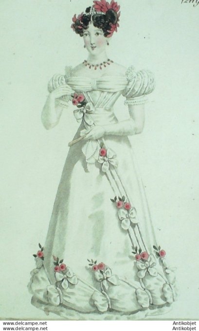 Gravure de mode Costume Parisien 1822 n°2119 Robe tulle rouleaux de satin