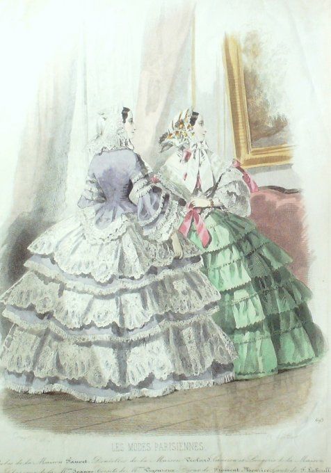 Gravure Les Modes Parisiennes 1852 # 693 Robes velours Maison Fauvet