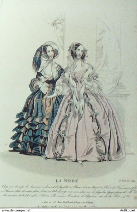 Gravure La mode 1840 n°7 Robes de crêpe sur satin
