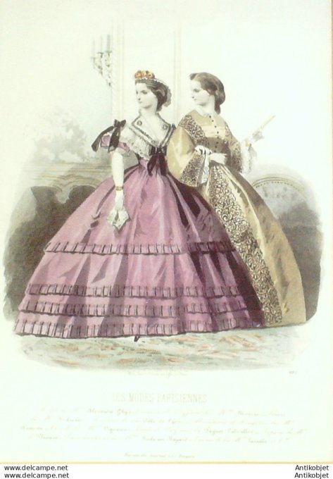 Gravure Les Modes Parisiennes 1862 # 985 Robes satin Maison Ghys