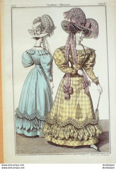 Gravure de mode Costume Parisien 1827 n°2508 Robe de cot-pali garnie & volans