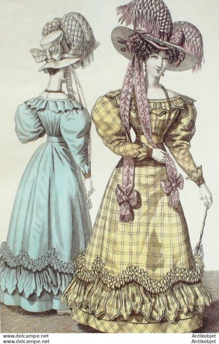 Gravure de mode Costume Parisien 1827 n°2508 Robe de cot-pali garnie & volans
