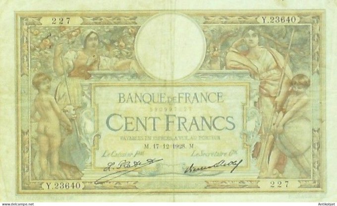 Billet Banque de France 100 francs Luc Olivier Merson Grands Cartouches M.17=12=1928 TTB+++