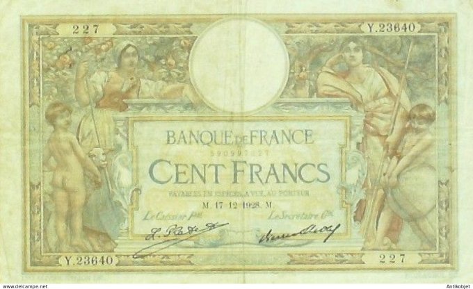 Billet Banque de France 100 francs Luc Olivier Merson Grands Cartouches M17=12=1928 TTB+++