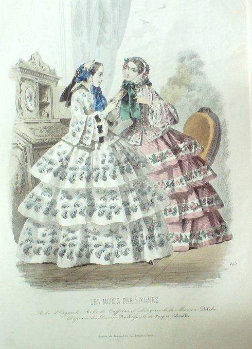 Gravure Les Modes Parisiennes 1852 # 695 Robes velours Maison Fauvet 