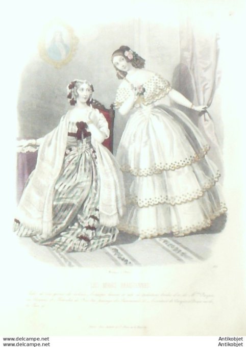 Gravure de mode Les modes parisiennes 1846 n° 155 Robe Tartalane (Maison Payan)