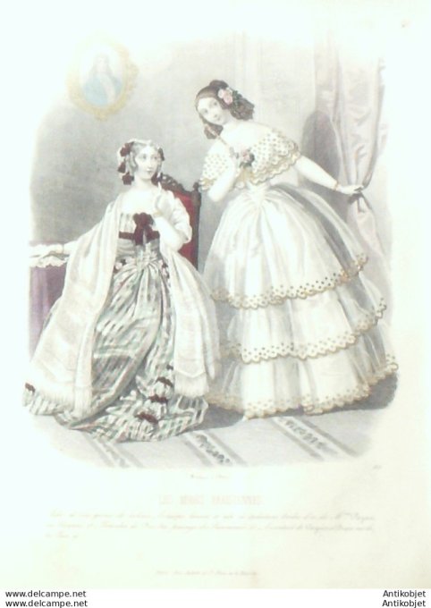 Gravure Les Modes Parisiennes 1846 # 155 Robe Tartalane Maison Payan