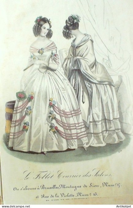 Gravure Mode Le Follet 1840 # 479 (aquarelle Old Fashion plate)