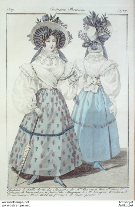 Gravure de mode Costume Parisien 1829 n°2709 Canezou mousseline à fichu