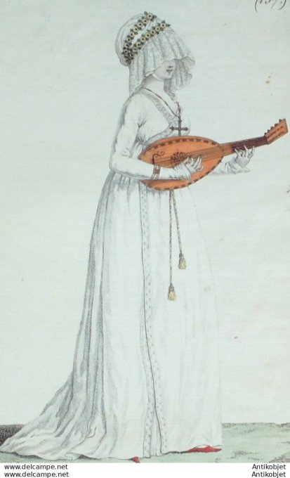 Gravure de mode Costume Parisien 1799 n° 137 (An 7) Négligé en crêpe et dentelle