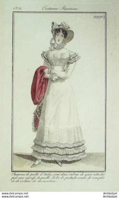 Gravure de mode Costume Parisien 1821 n°1990 Robe perkale ornée de rempli
