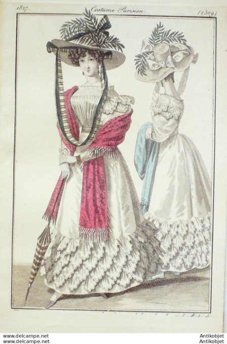 Gravure de mode Costume Parisien 1827 n°2509  Robe mousseline garnie de volans