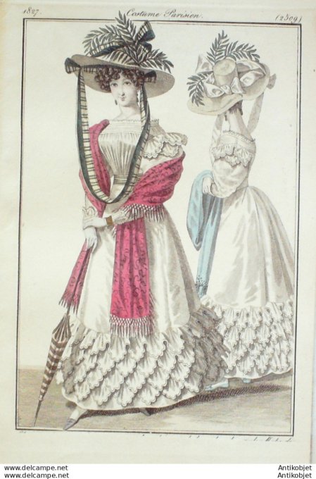 Costume Parisien 1827 # 2509  Robe mousseline garnie de volans