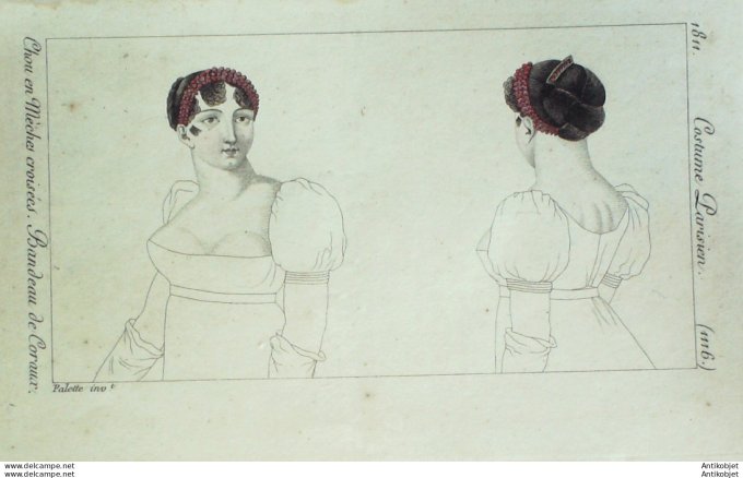 Gravure de mode Costume Parisien 1811 n°1116 Chou en mèches bandeau de coraux