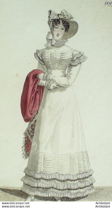 Gravure de mode Costume Parisien 1821 n°1990 Robe perkale ornée de rempli