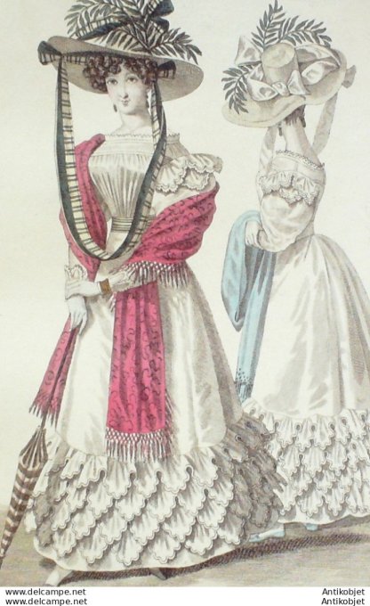 Gravure de mode Costume Parisien 1827 n°2509  Robe mousseline garnie de volans