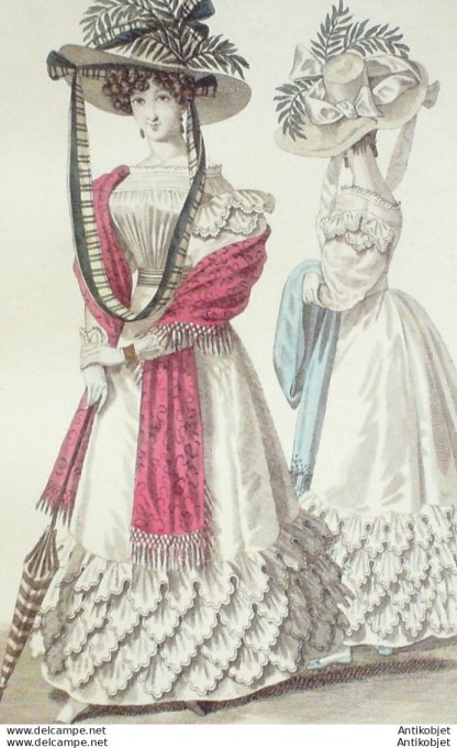 Costume Parisien 1827 # 2509  Robe mousseline garnie de volans