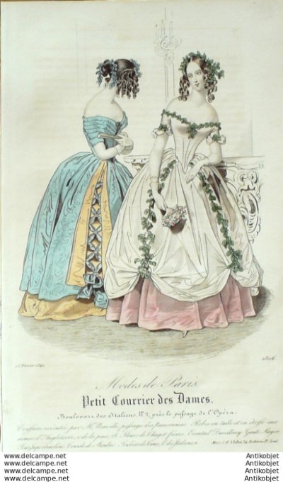 Gravure Mode Courrier des Dames 1842 # 1806 (eau forte old Fashion plate)