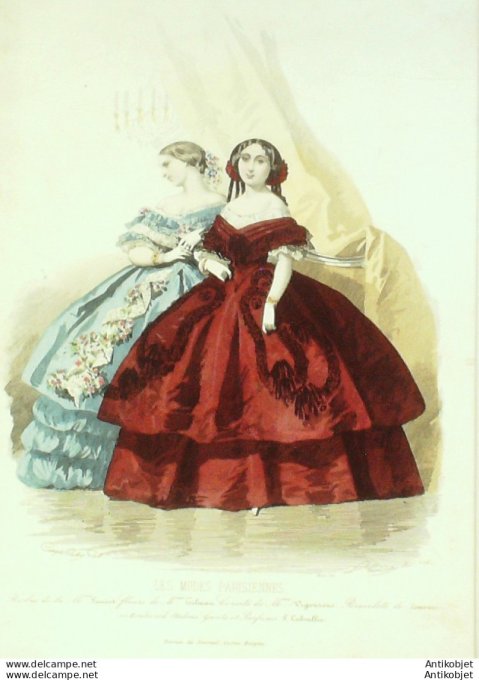 Gravure Les Modes Parisiennes 1858 # 776 Robes velours Maison Fauvet
