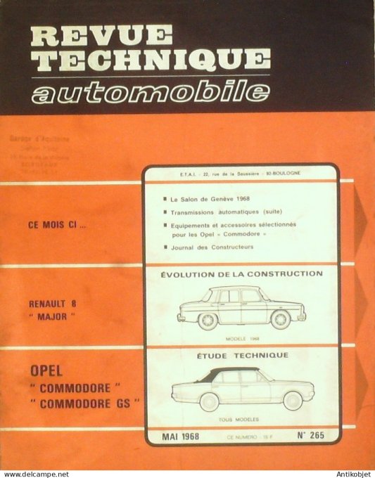 Revue Tech. Automobile 1968 n°265 Opel Commodore Renault 8 Major