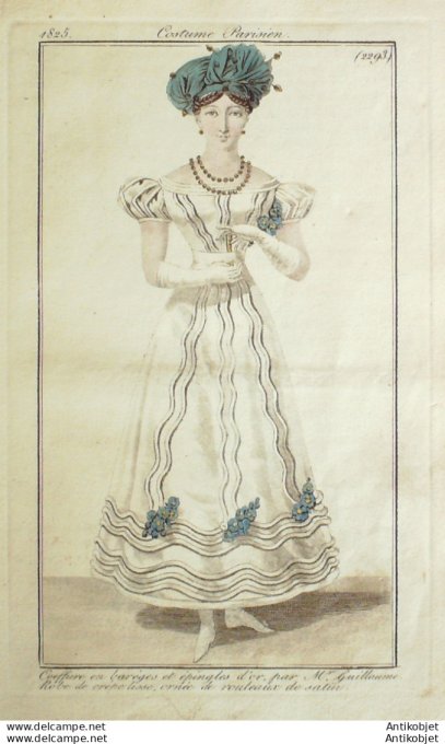 Gravure de mode Costume Parisien 1825 n°2293 Robe de crêpe ornée de satin