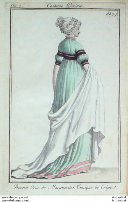 Gravure de mode Costume Parisien 1799 n° 139 (An 7) Tunique de crêpe