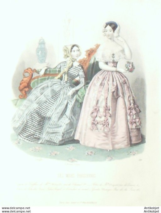 Gravure de mode Les modes parisiennes 1846 n° 156 Robes de soirée (Maison Duguet)