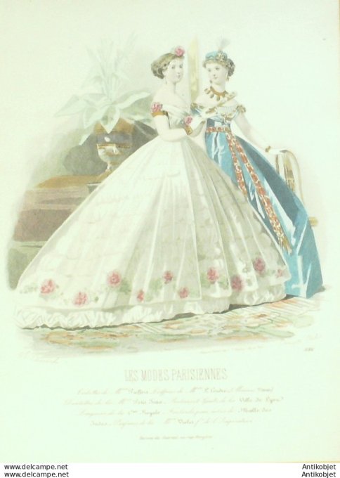 Gravure Les Modes Parisiennes 1865 #1186 Robes de Cour Maison Pieffort