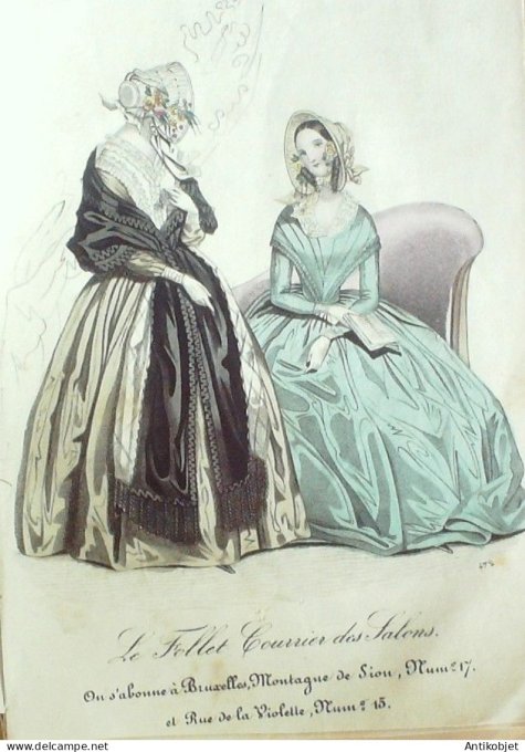 Gravure Mode Le Follet 1840 # 472 (aquarelle Old Fashion plate)