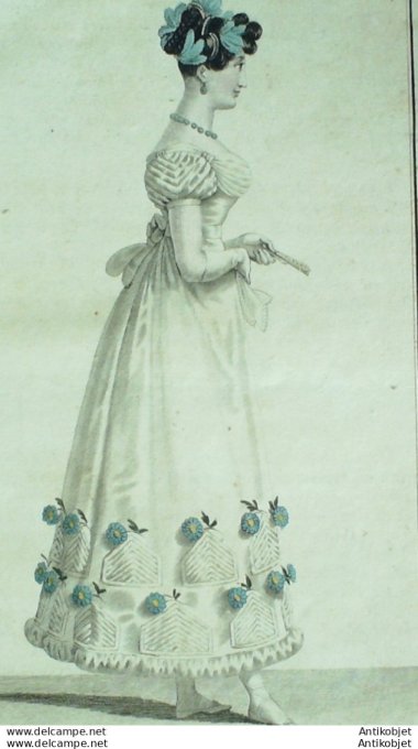 Gravure de mode Costume Parisien 1822 n°2120 Robe de tulle  rouleaux satin fleurs