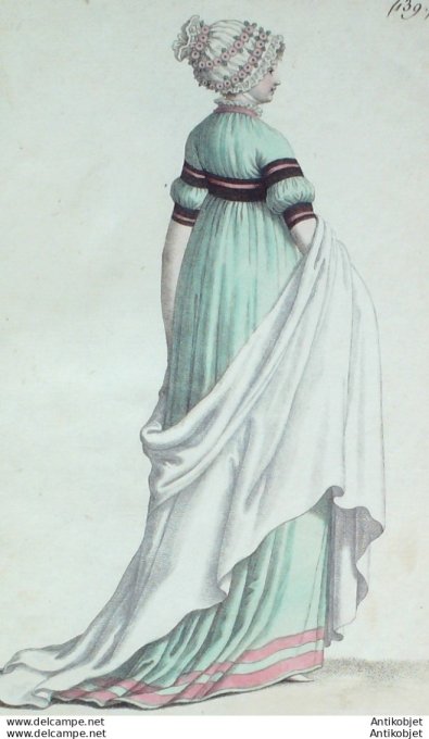Gravure de mode Costume Parisien 1799 n° 139 (An 7) Tunique de crêpe
