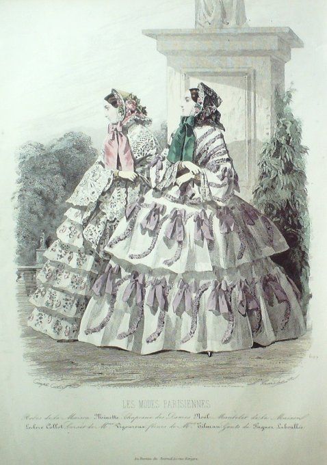 Gravure Les Modes Parisiennes 1852 # 699 Robes gros de Naples Maison Minette