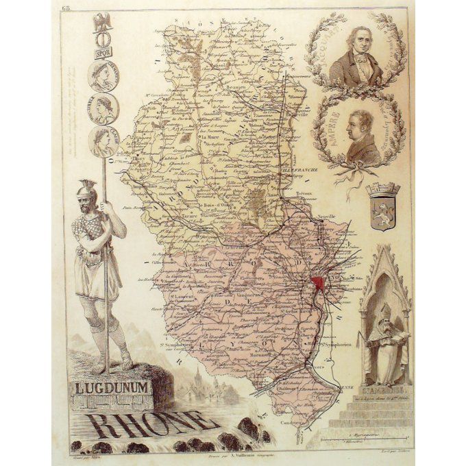 Carte Rhone (69) Lyon Graveur Villerey 1871