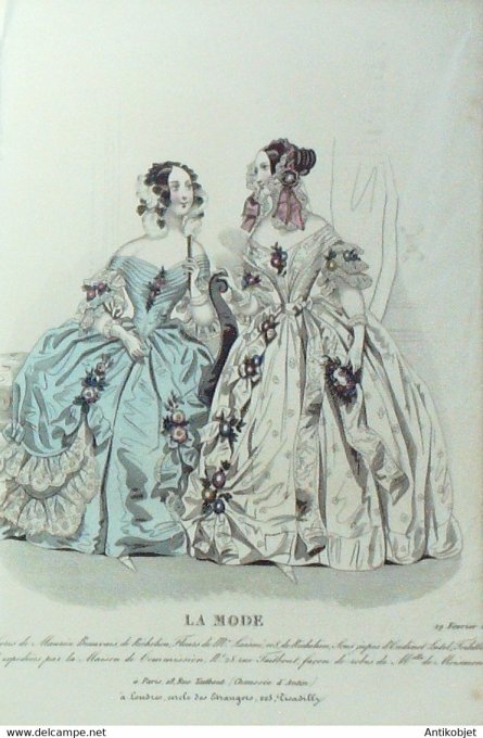 Gravure La mode 1840 n°9 Robes et perkale et popeline ornées de fleurs