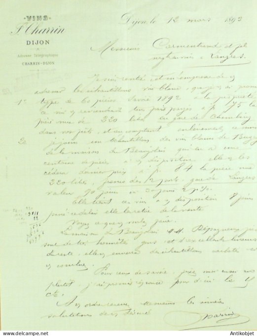 Lettre Ciale F.Charrin (vins) 1893 Dijon (21) 2
