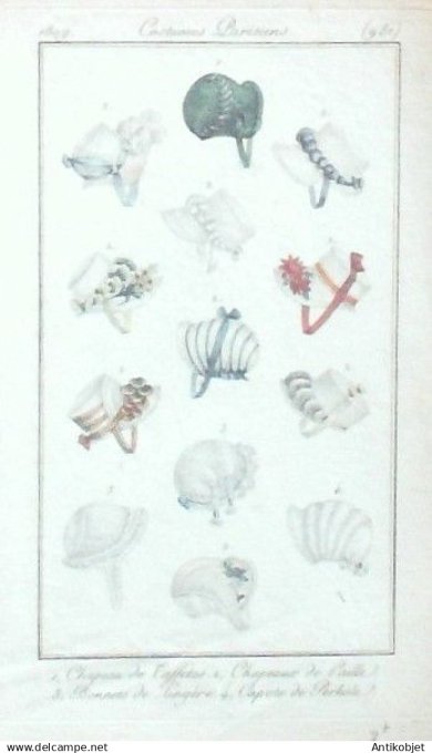 Costume Parisien 1809 # 981 (eau forte) Bonnets de lingerie & capote