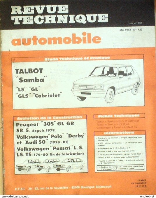 Revue Tech. Automobile 1982 n°422 Talbot Samba Peugeot 305 Volkswagen Polo Audi 50
