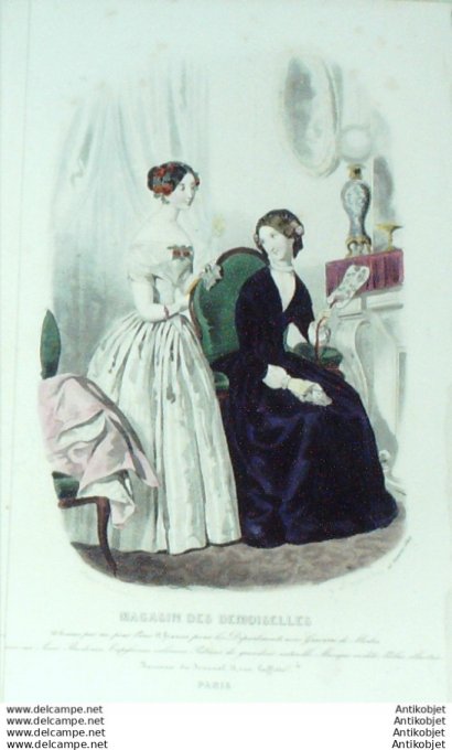 Gravure Mode Magasin Demoiselles 1849 #  1 (aquarellee Old Fashion plate)